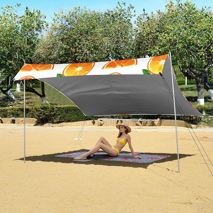 Beach Canopy with Windproof Ropes &amp Sandbags Beach Tent Sun Shade Sun Shelter for Camping Trips Fishing Backyard Fun or Picnics Oranges