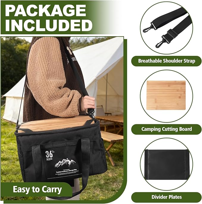 Tactical Camping Storage Bag - 36L Utility Tote Bag Organizer with Bamboo Cutting Board and Shoulder Strap Ideal for Camping Hiking and Vehicle Organization