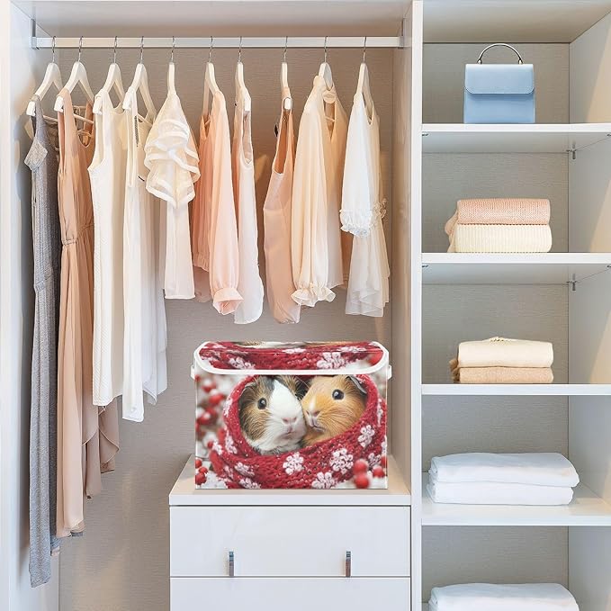AIXIWAWA Lidded Storage Cube (Winter Guinea Pigs) Fabric Foldable Closet Bins with Flip Lid and Handles Organizer Basket Container 16.5 x 12.6 x 11.8 IN
