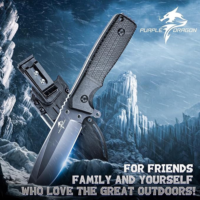 Purple Dragon Fixed Blade Knife with Kydex Sheath Black Outdoor Knives for Camping with Ergonomic Handle Durable Kydex Sheath Gifts for Men