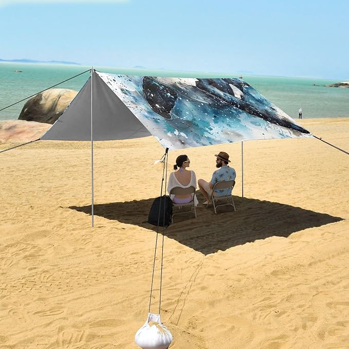 ALAZA Killer Whale Watercolour Beach Tent Sun Shelter UPF50+ Protection Beach Shade Canopy w/ 4 Sandbags for Outdoor Camping Fishing Backyard Fun Picnic 10x9 ft