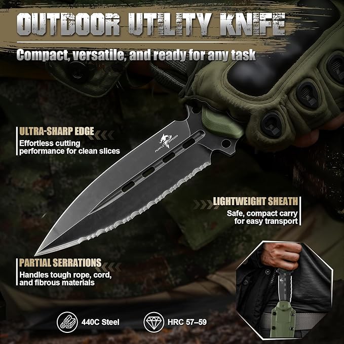 Purple Dragon Fixed Blade Knife with Kydex Sheath440C Steel Full Tang Outdoor Utility Knife with G10 Handle for Camping HikingBushcraft &amp Outdoor Use-Green