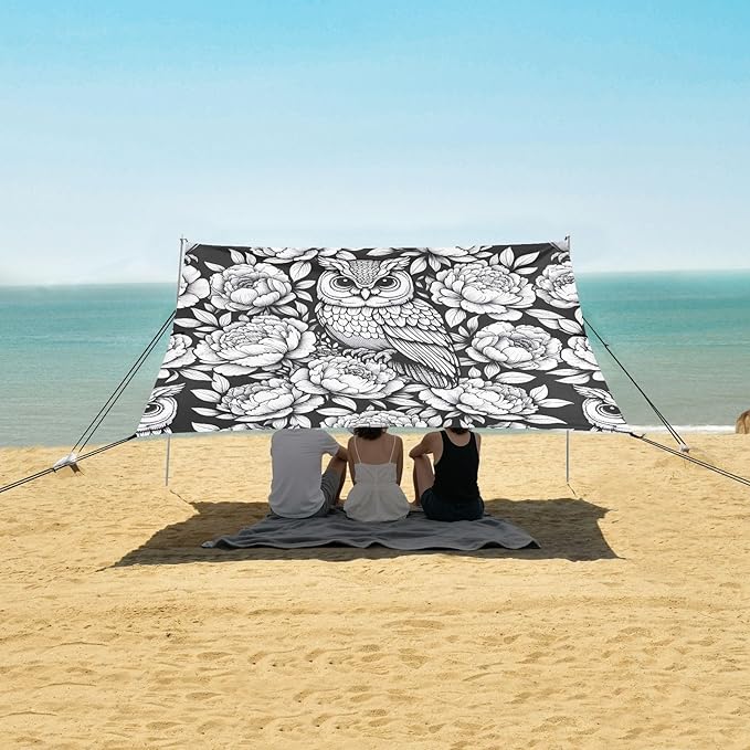 Owl with Peony Flowers Beach Tent Sun Shelter Set UPF50+ UV Protection 10.5 x 9.19 FT Camping Shade Canopy with Sandbags Sand Anchors Carrying Bag and Others