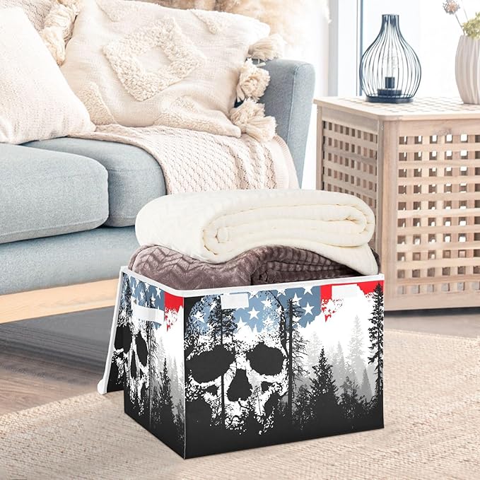 Skull Forest Print Storage Basket Bins with Lid Foldable Flip-top with Handle for Home Office 16.5×12.6×11.8 in 1 Pack