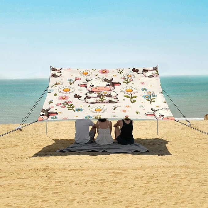 ALAZA Cute Cow Daisy Flower Beach Tent Sun Shelter UPF50+ Protection Beach Shade Canopy w/ 4 Sandbags for Outdoor Camping Fishing Backyard Fun Picnic 10x9 ft