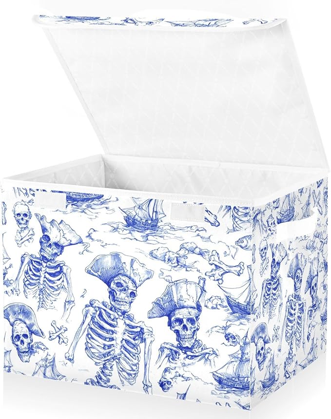 Collapsible Storage Bins with Lids Decorative Fabric Storage Cubes Closet Organizer and Storage Basket Boxes Containers for Clothes Box Chest Nursery Folding Rectangle Retro Blue Skull Pirate