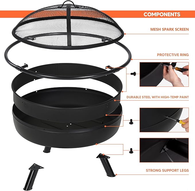 SUNCREAT 42 Outdoor Portable Fire Pit with Spark Screen Fire Poker Wood Burning Patio Fire Pits with Protective Ring Black