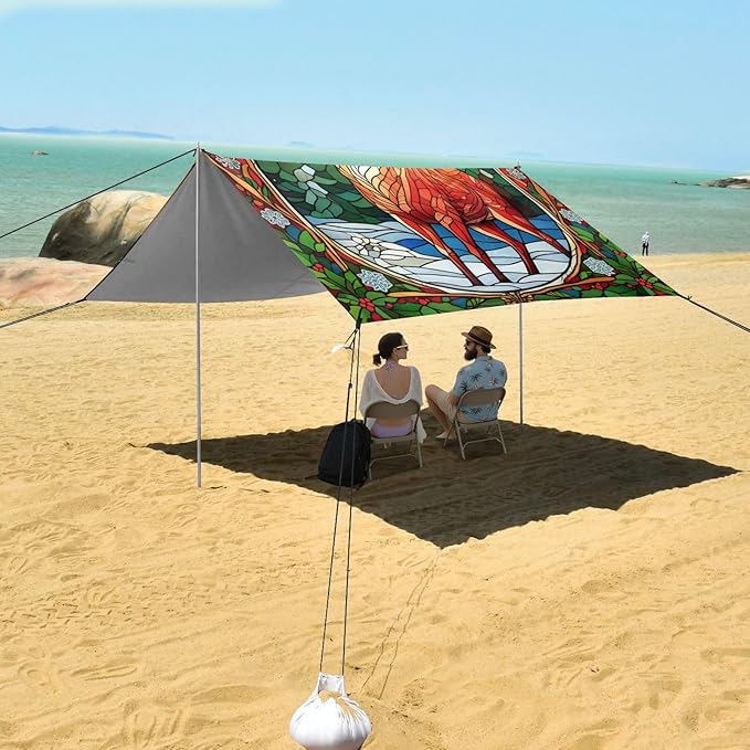 xigua Reindeer Beach Tent Sun Shelter with Carrying Bag - Silver Coated Oxford Fabric Beach Canopy for Beach Camping Fishing - Includes Windproof Ropes Sandbags &amp Stakes