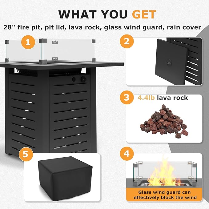 28'' Propane Fire Pit Table 50000 BTU Steel Gas Firepit for Outdoor Patio Deck and Garden CSA Certified Fire Pit with Lid Waterproof Cover Glass Wind Guard and Lava Rock Black