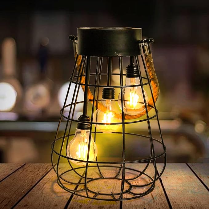 Solar Lantern 22.4 Outdoor Waterproof Solar Hanging Lights with Warm White LED Edison Bulb for Garden Patio Yard Large Lantern Black