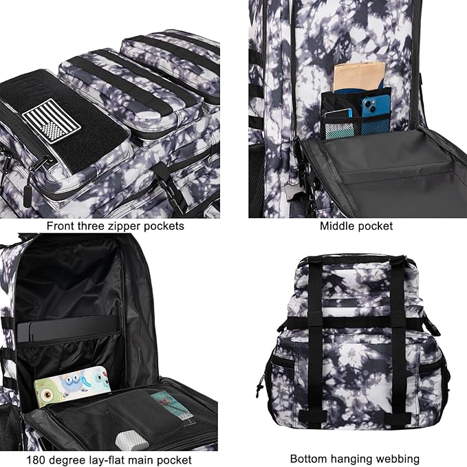55L Military Tactical Backpack - Bug Out Bag with MOLLE System for Hiking(Black and white tie dye)