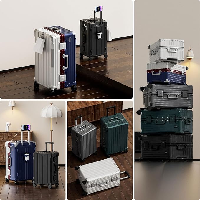 LEOVEN Hardside Luggage LS-0683 PC Hard Shell Suitcase with Cup Holder USB Type-C 3:7 Ratio Large Capacity Aluminium Frame TSA Customs Lock 360° Double Wheels with Brake and Shock Absorber