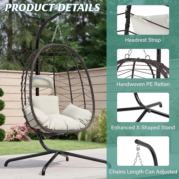 LEX CRAFT Hanging Egg Chair with Stand Swinging Egg Chair Outdoor Indoor Hanging Basket Chair with Cushion Patio Wicker Hammock Chair 350lbs Capacity for Porch Balcony Backyard Garden (Beige)