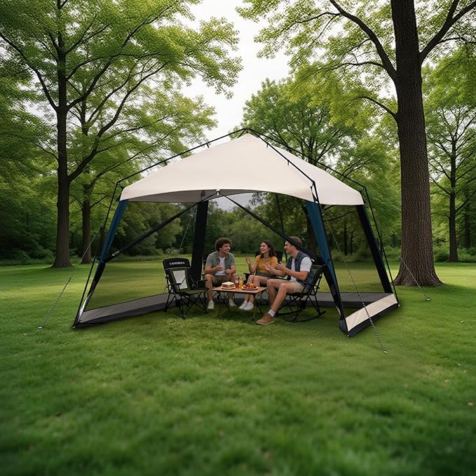 12 x 12 FT Camping Screen Tent for 8-10 Person Easy Setup Screen House with UV 50+ Sun Protection &amp Mosquito Net for Camping Backyard Picnic Patio Outdoor Beige &amp Navy