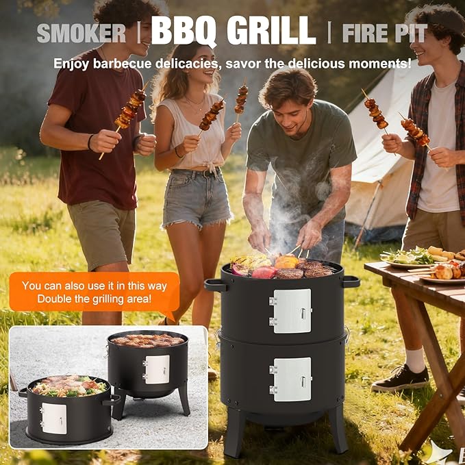 16 Charcoal Smoker 3 in 1 Heavy Duty Vertical Barbecue Grill Outdoor Fire Pit 402 Square Inches Cooking Area Versatile Outdoor Smoker Grill Black