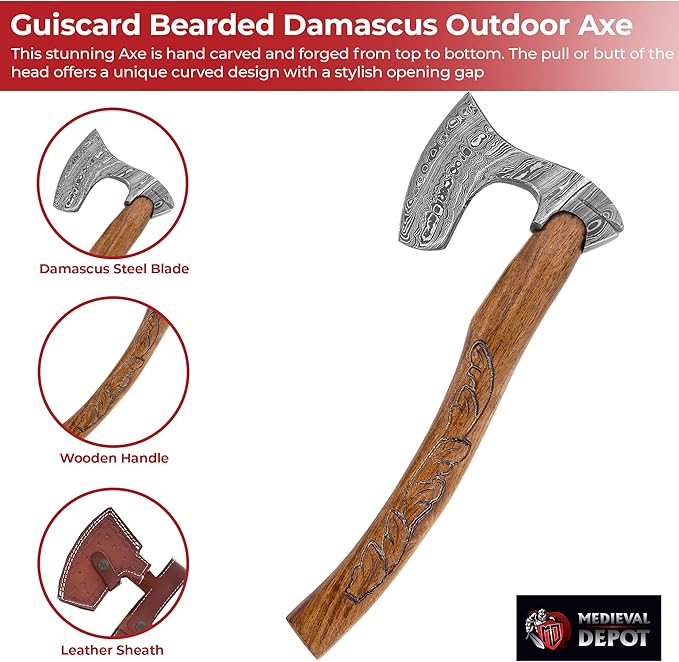 MedievalDepot Guiscard Hand Forged Bearded Damascus Axe - Overall 17 - Damascus Steel Blade - Comabat Outdoor &amp Collector