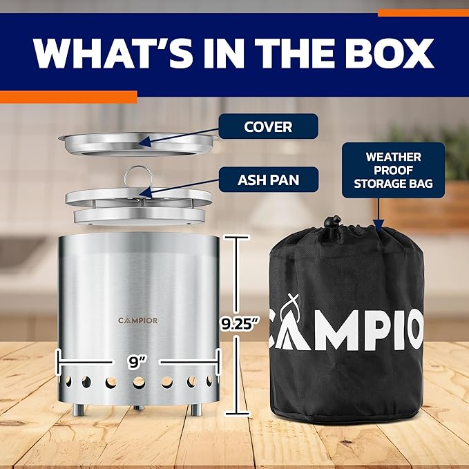 CAMPIOR Wood Burning Fire Pit Stove - Smokeless Outdoor Stove for Wood Fires Camping Cooking and Garden Gatherings Durable Stainless Steel with Removable Ash Pan with Stand and Black Carry Bag