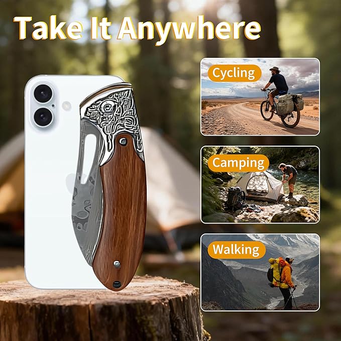 Damascus Steel Folding Knife 7.1 Multi-Purpose Pocket Knife Red sandalwood handle with a sharp blade suitable for cutting meat carving wood and outdoor activities(style B)