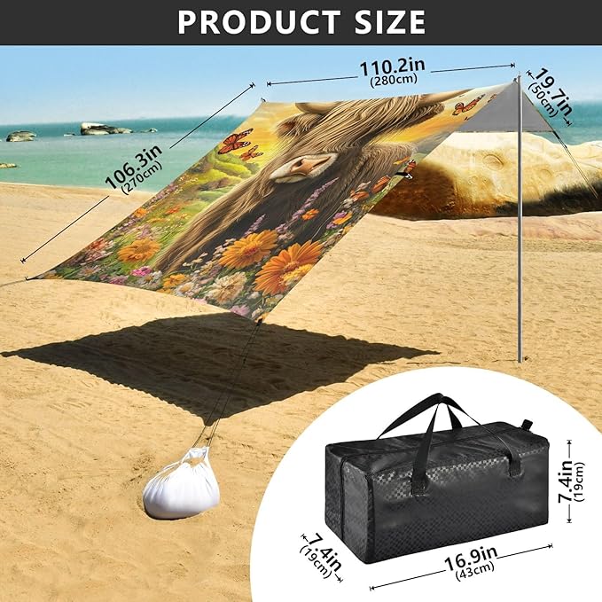 ALAZA Highland Cow Flowers Butterfly Beach Tent Sun Shelter Portable Canopy Sunshade for Outdoor Camping Picnics Backyard Fun 10x9 ft