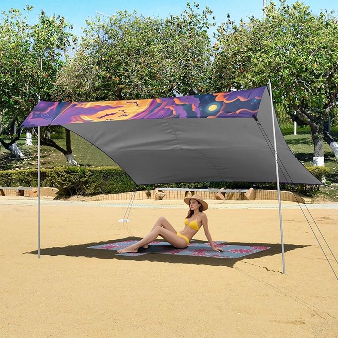 ALAZA Halloween Town Ghost Beach Tent Sun Shelter UPF50+ Protection Beach Shade Canopy w/ 4 Sandbags for Outdoor Camping Fishing Backyard Fun Picnic 10x9 ft