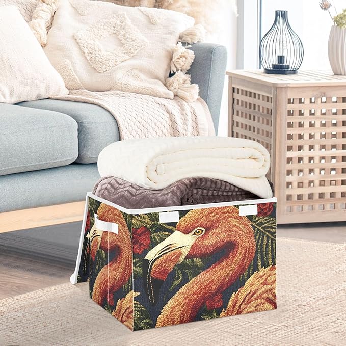 Storage Cube with Lid Art Flamingo Print 16.5×12.6×11.8 IN Collapsible Large Capacity Foldable Storage Basket Bin Organizer