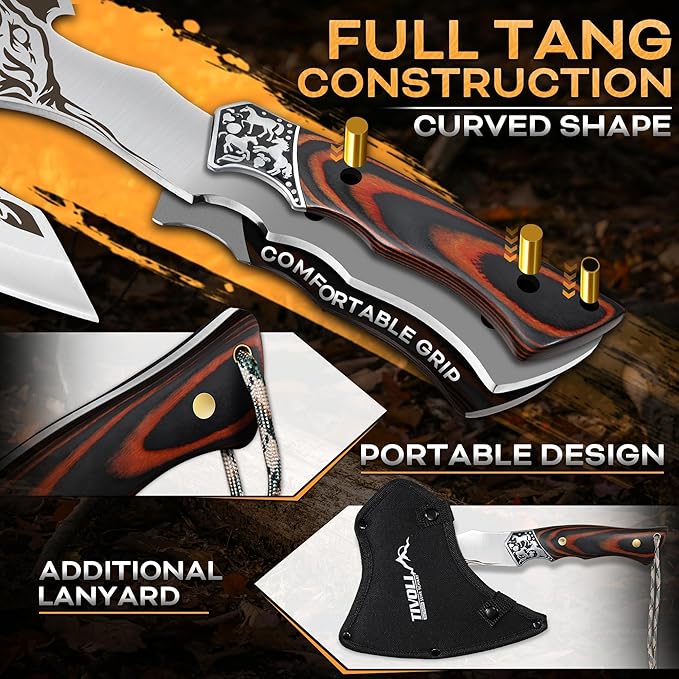 TIVOLI Camping Axe Tiger - Patterned Survival Hatchet with Nylon Sheath High Carbon Steel Blade Compact Outdoor Bushcraft Axe with Ergonomic Wood Grip Camping Gear for Hiking Chopping Hunting