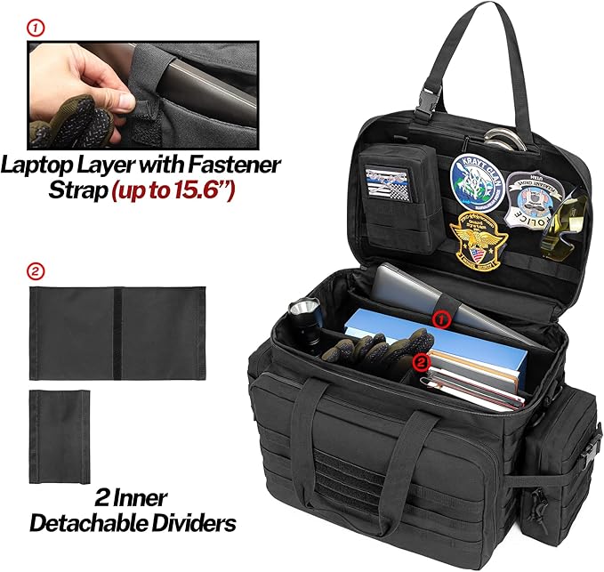 samdew Patrol Bag Law Enforcement Duty Bag for Police Equipment with 2 Detachable MOLLE Pouches &amp Laptop Layer (up to 15.6) Bailout Tactical Organizer for Car Front Seat Black