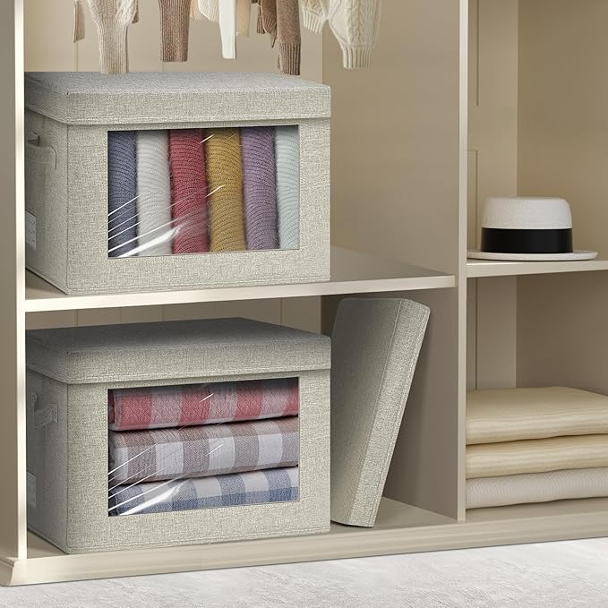 4-Pack Fabric Storage Bins with Lids Foldable Storage Boxes with Handles &amp Clear Window Closet Organizers for Clothes Books (Beige 4PCS/14.9 x 9.8 x 9.8 in)