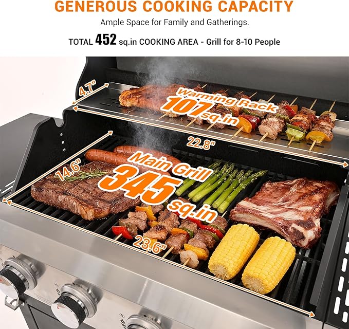 EUHOME Upgraded 51000 BTU Stainless Steel Burner Barbecue Grill 4 Burner BBQ Propane Gas Grill with Side Burner 452 sq. in Cooking Area with Porcelain for Patio Camping Outdoor Cooking