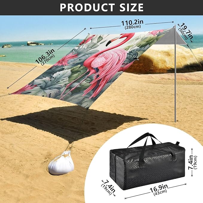 ALAZA Flamingo and Leaves Beach Tent Sun Shelter Portable Canopy Sunshade for Outdoor Camping Picnics Backyard Fun 10x9 ft