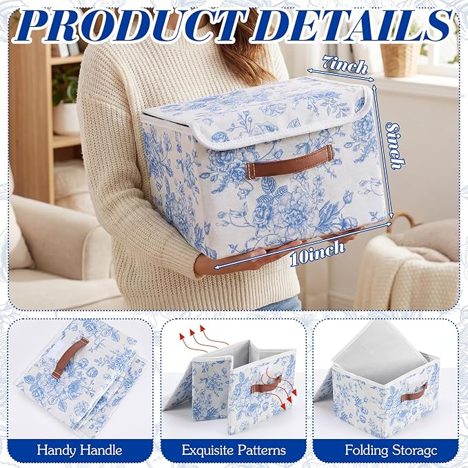 2 Pack Blue Floral Storage Bin with Lids Handles Large Blue and White Porcelain Storage Boxes 10x8x7 Inch Foldable Fabric Basket Decorative Cube Organizer for Clothes Nursery Home Dorm