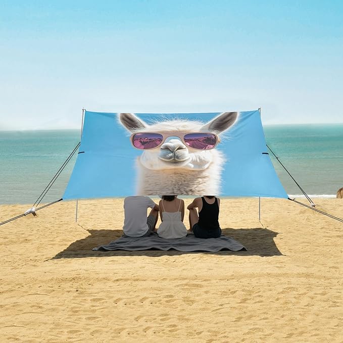 ALAZA Funny Llama Alpaca Beach Tent Sun Shelter UPF50+ Protection Beach Shade Canopy w/ 4 Sandbags for Outdoor Camping Fishing Backyard Fun Picnic 10x9 ft