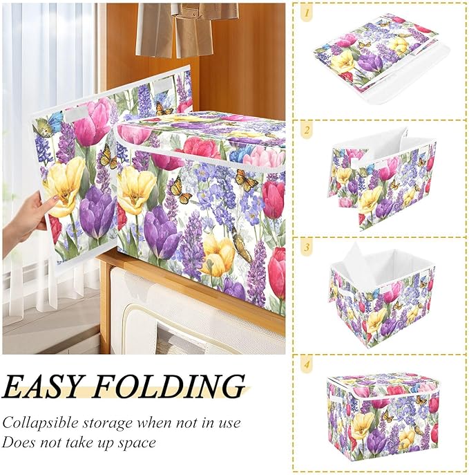 Storage Bins with Lids Storage Containers Box Organizer Bin Basket with Handles for Closet Shelves Clothes Stackable Foldable Decorative Tulips Lavenders Purple Butterfly