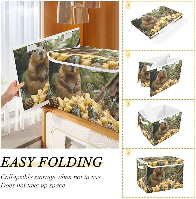 AIXIWAWA Lidded Storage Cube (Capybara Pineapple) Fabric Foldable Closet Bins with Flip Lid and Handles Organizer Basket Container 16.5 x 12.6 x 11.8 IN