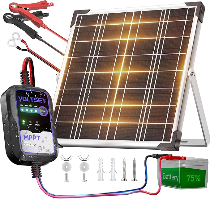 Voltset Solar Panel Kit 20W 12V with MPPT Controller Solar Battery Trickle Charger Maintainer Waterproof Solar Panel with Adjustable Mount Bracket for Boat RV Motorcycle Marine