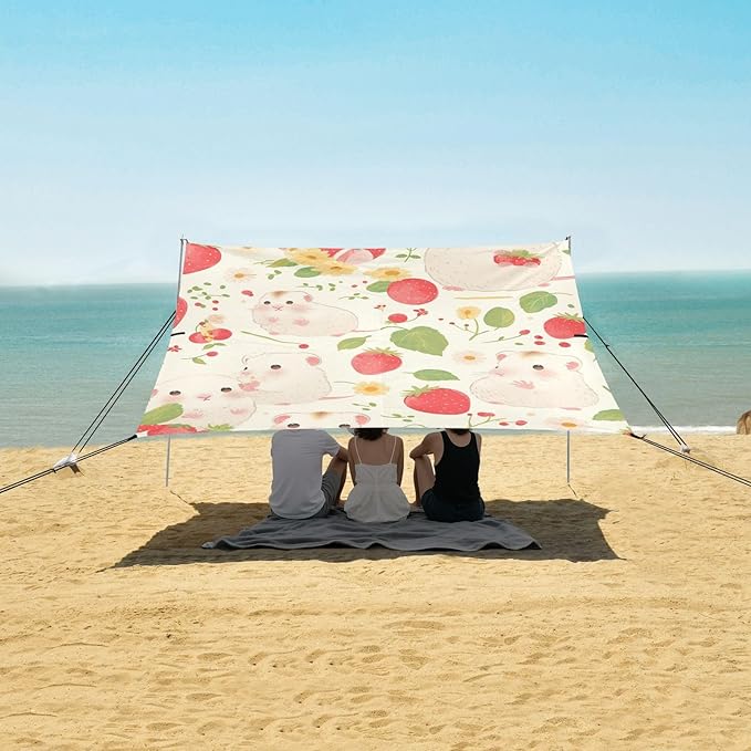 Gerbil Strawberries Plum Communion_1 Foldable Beach Canopy UPF50+ Protection Easy Setup Shade Sun Shelter with Sand Shovel Sandbags for Backyard and Camping