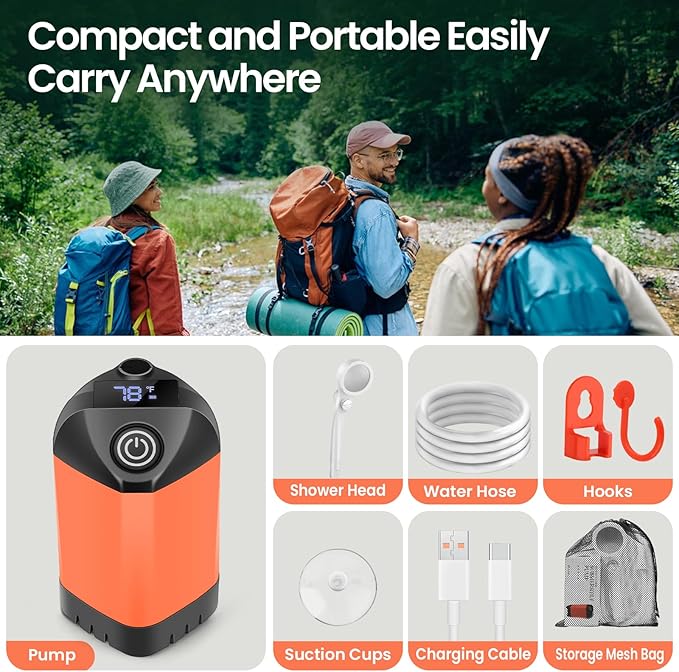Portable Camping Shower with 7800mAh Battery - 3 Spray Modes IPX7 Waterproof &amp Powerful Suction for Indoor Camping Beach Travel RV Life Pet Bathing Gardening