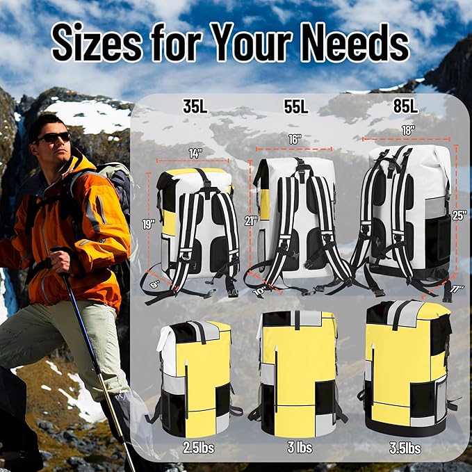 Waterproof Dry Bag Heavy Duty Marine Dry Bags for Kayaking Hiking Yellow Black Backpack Roll-Top Closure Bag - Backpack Waterproof Phone Case 35L/55L/85L