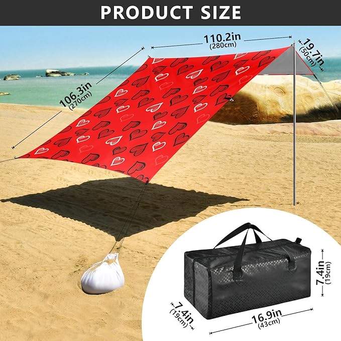 Beach Canopy with Windproof Ropes &amp Sandbags Beach Tent Sun Shade Sun Shelter for Camping Trips Fishing Backyard Fun or Picnics Heart