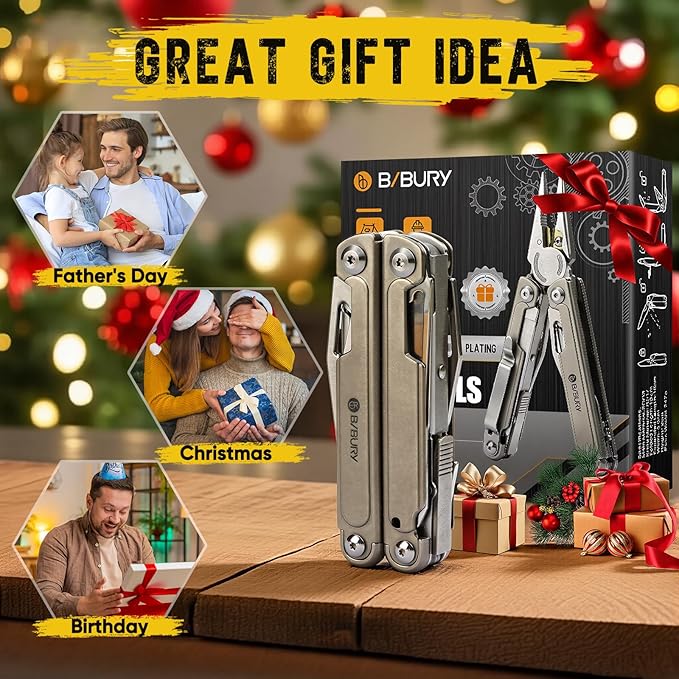 BIBURY 24-in-1 Titanium Multitool Pliers 8.7oz Ultra-Light EDC Pocket Tool with Sheath &amp Belt Clip Aerospace-Grade Titanium Handle for Camping Hiking DIY Gift for Men - 2048DT