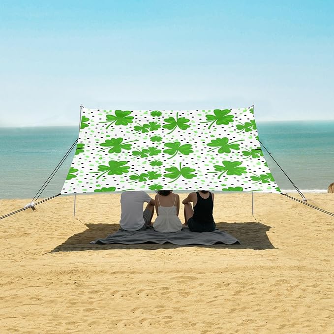 Beach Canopy with Windproof Ropes &amp Sandbags Beach Tent Sun Shade Sun Shelter for Camping Trips Fishing Backyard Fun or Picnics St. Patrick's Day Clover