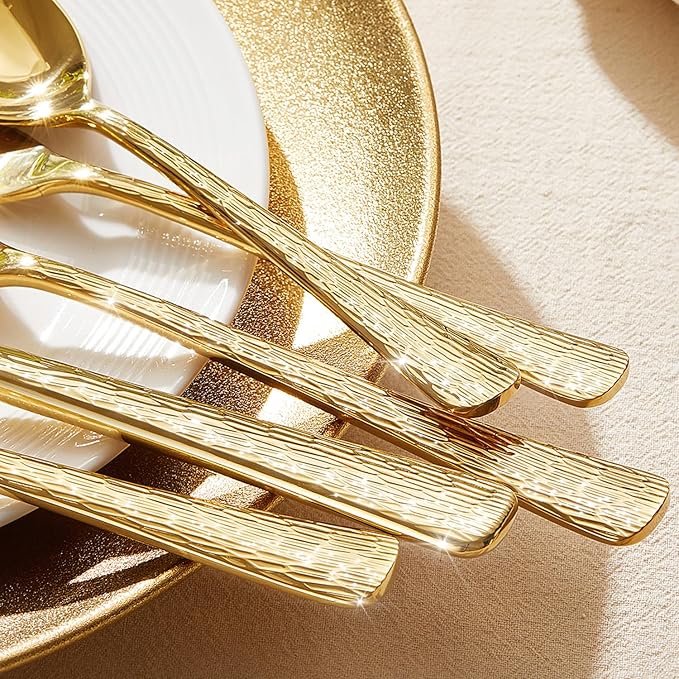 KINGSTONE Gold Hammered Silverware Set Flatware Set with Serving Utensils 18/10 Stainless Steel Premium Cutlery with Unique Ripple Handles Design Mirror Polished - Dishwasher Safe (65-Piece)
