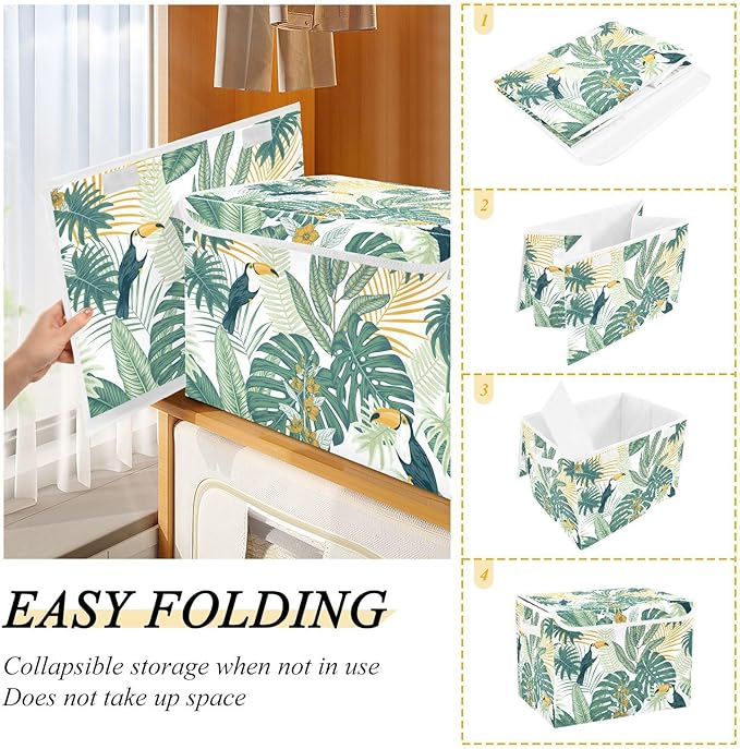 susiyo Large Foldable Storage Bin with Flip-Top Lid Modern Bird Leave Storage Box Collapsible Closet Organizer Containers Boxes Decorative Baskets with Handles for Home Bedroom Living Room Office