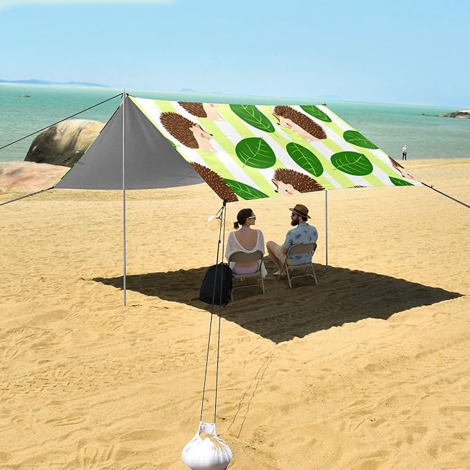 xigua Hedgehog Beach Tent Sun Shelter with Carrying Bag - Silver Coated Oxford Fabric Beach Canopy for Beach Camping Fishing - Includes Windproof Ropes Sandbags &amp Stakes