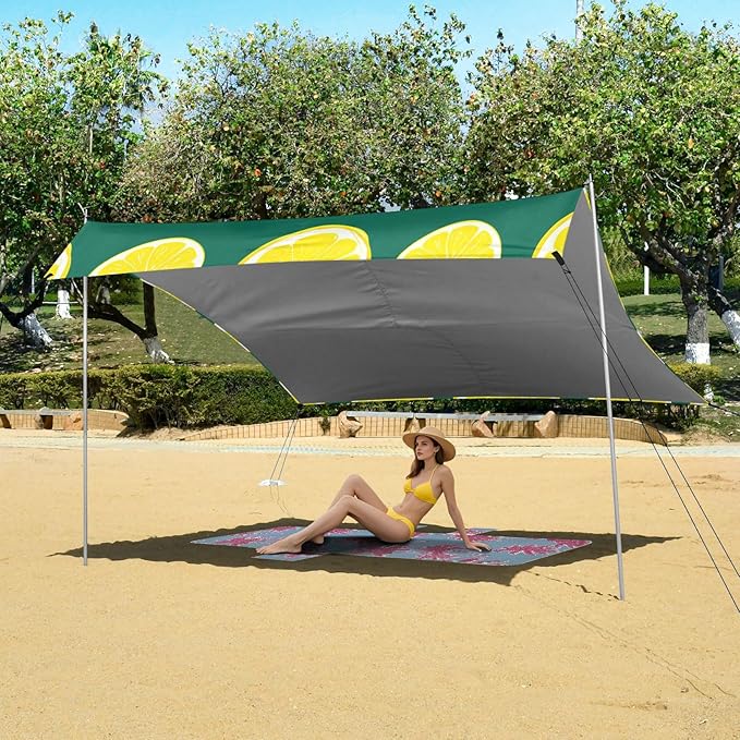 Beach Canopy with Windproof Ropes &amp Sandbags Beach Tent Sun Shade Sun Shelter for Camping Trips Fishing Backyard Fun or Picnics Lemon
