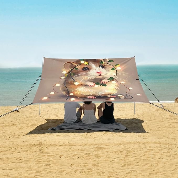 ALAZA Cute Hamster Light String Beach Tent Sun Shelter UPF50+ Protection Beach Shade Canopy w/ 4 Sandbags for Outdoor Camping Fishing Backyard Fun Picnic 10x9 ft