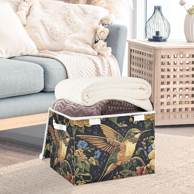 Storage Cube with Lid Embroidery Hummingbird Print 16.5×12.6×11.8 IN Collapsible Large Capacity Foldable Storage Basket Bin Organizer