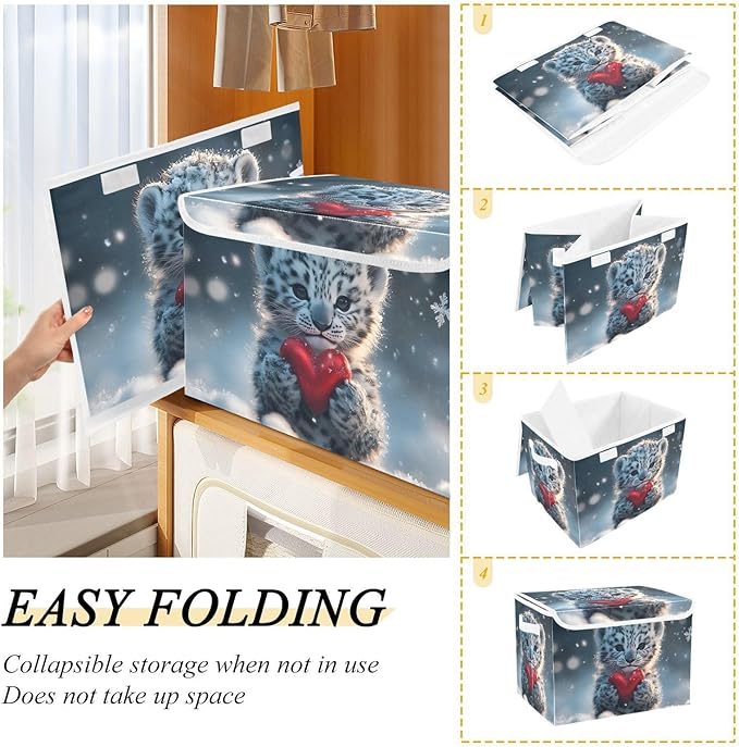 AIXIWAWA Lidded Storage Cube (Snow Leopard Heart) Fabric Foldable Closet Bins with Flip Lid and Handles Organizer Basket Container 16.5 x 12.6 x 11.8 IN