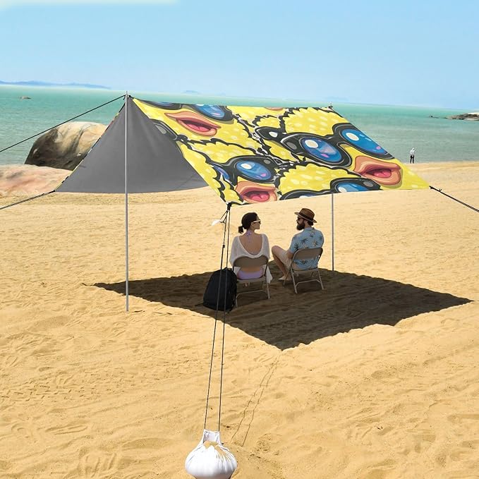 ALAZA Cool Yellow Ducks Beach Tent Sun Shelter UPF50+ Protection Beach Shade Canopy w/ 4 Sandbags for Outdoor Camping Fishing Backyard Fun Picnic 10x9 ft