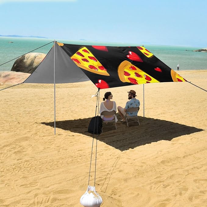 ALAZA Pizza Red Heart Pattern Beach Tent Sun Shelter Portable Canopy Sunshade for Outdoor Camping Picnics Backyard Fun 10x9 ft
